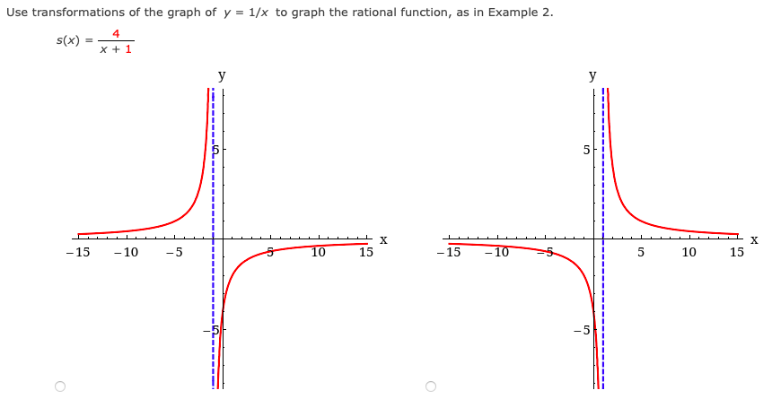 Use transformations of the graph of y = 1/x to graph the rational function, as in Example 2.
4
s(x)
x + 1
y
y
- 15
- 10
-5
up
10
15
- 15
- 10
10
15
-5
5.
