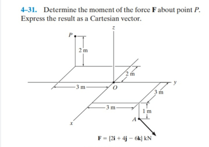 4-31. Determine the moment of the force F about point P.
Express the result as a Cartesian vector.
P
2 m
2 m
- 3 m-
3 m
- 3 m-
1 m
A
F = {2i + 4j – 6k} kN

