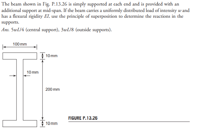 The beam shown in Fig. P.13.26 is simply supported at each end and is provided with an
additional support at mid-span. If the beam carries a uniformly distributed load of intensity w and
has a flexural rigidity EI, use the principle of superposition to determine the reactions in the
supports.
Ans. SwL14 (central support), 3wL/8 (outside supports).
100 mm
10 mm
10 mm
200 mm
FIGURE P.13.26
10 mm
