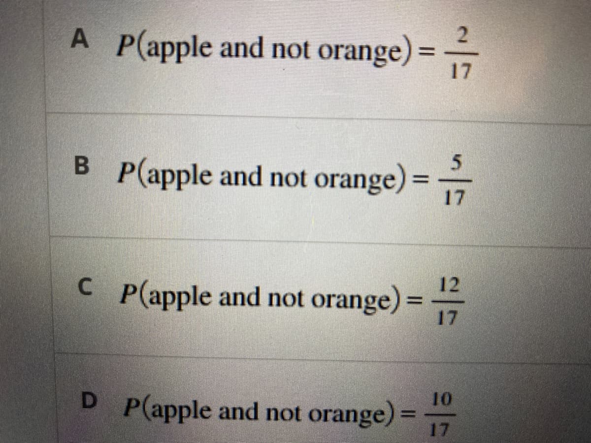 A__P(apple and not orange) = —
17
BP(apple and not orange) =
CP(apple and not orange) =
D P(apple and not orange) =
5
17
12
17
10