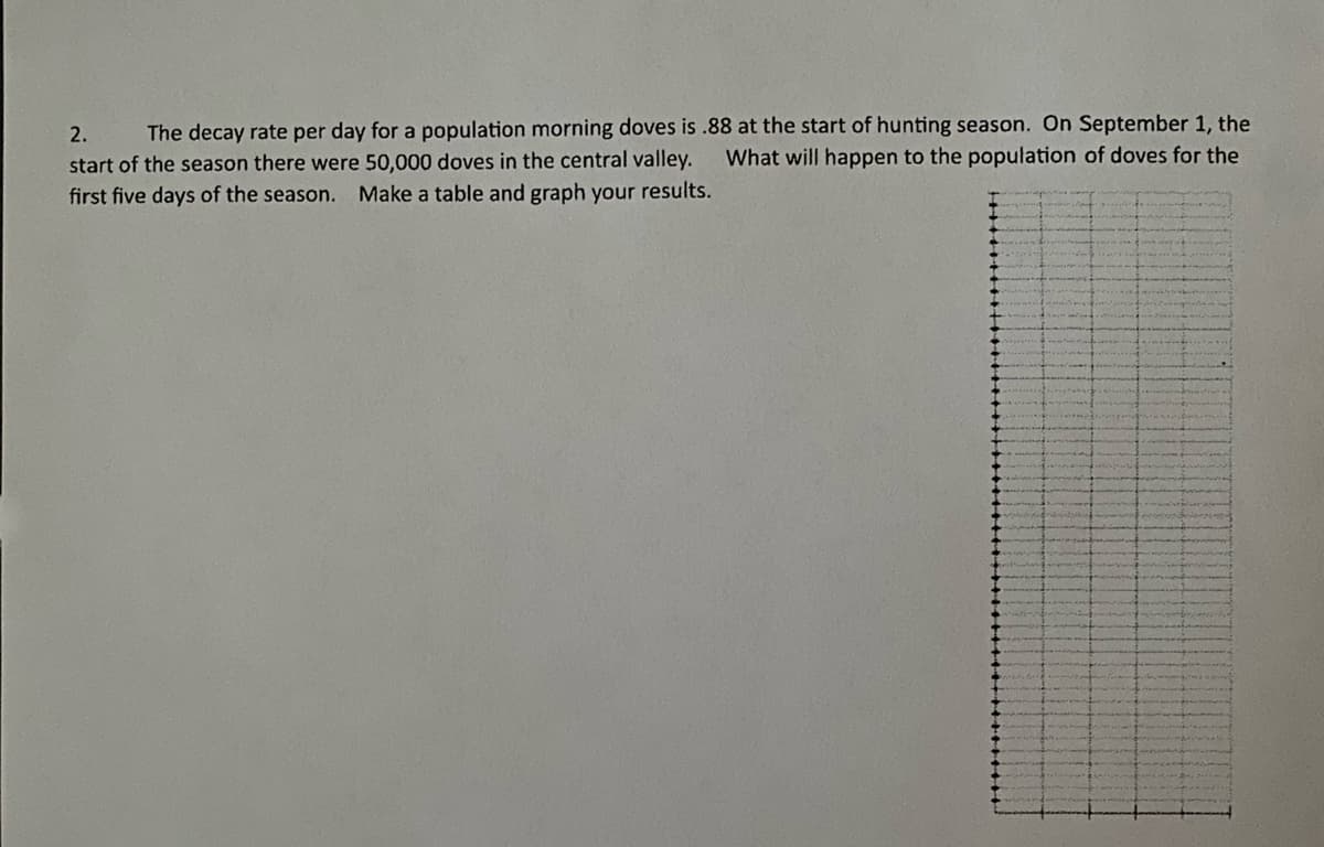 The decay rate per day for a population morning doves is .88 at the start of hunting season. On September 1, the
What will happen to the population of doves for the
2.
start of the season there were 50,000 doves in the central valley.
Make a table and graph your results.
first five days of the season.
