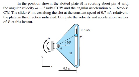 In the position shown, the slotted plate B is rotating about pin A with
the angular velocity w = 3 rad/s CCW and the angular acceleration a = 6 rad/s
CW. The slider P moves along the slot at the constant speed of 0.7 m/s relative to
the plate, in the direction indicated. Compute the velocity and acceleration vectors
of P at this instant.
0.7 m/s
) 30°
A
0.3 m
