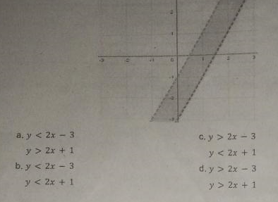 a. y < 2x - 3
C. y > 2x - 3
y > 2x + 1
y < 2x + 1
b. y < 2x - 3
d. y > 2x - 3
y < 2x + 1
y > 2x + 1
