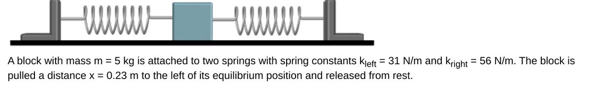 wwww
wwww
A block with mass m = 5 kg is attached to two springs with spring constants kleft = 31 N/m and kright = 56 N/m. The block is
pulled a distance x = 0.23 m to the left of its equilibrium position and released from rest.

