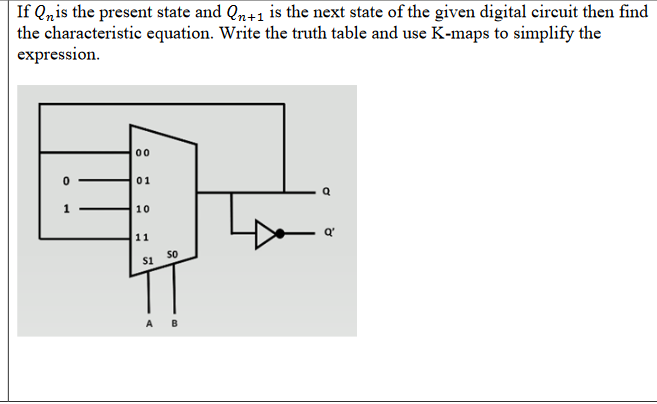 If Qnis the present state and Qn+1 is the next state of the given digital circuit then find
the characteristic equation. Write the truth table and use K-maps to simplify the
expression.
1
00
01
10
11
$1
SO
a'