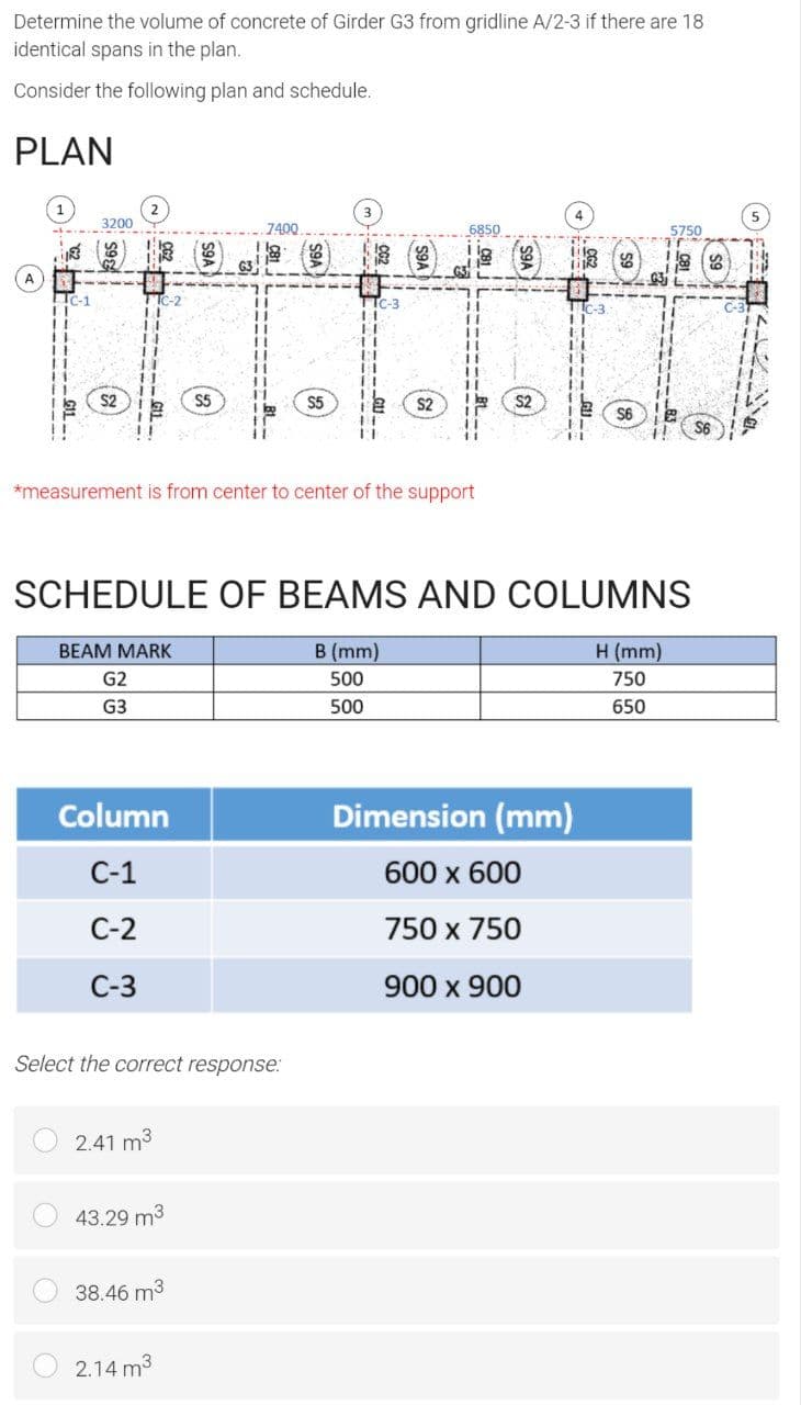 Determine the volume of concrete of Girder G3 from gridline A/2-3 if there are 18
identical spans in the plan.
Consider the following plan and schedule.
PLAN
3200
6850
5750
TC-1
FIC-2
S2
S5
S5
S2
S2
$6
*measurement is from center to center of the support
SCHEDULE OF BEAMS AND COLUMNS
BEAM MARK
B (mm)
H (mm)
G2
500
750
G3
500
650
Column
Dimension (mm)
C-1
600 x 600
C-2
750 x 750
C-3
900 x 900
Select the correct response:
2.41 m3
43.29 m3
38.46 m3
2.14 m3
