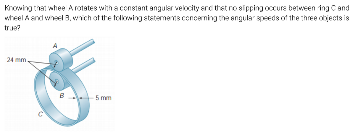 Knowing that wheel A rotates with a constant angular velocity and that no slipping occurs between ring C and
wheel A and wheel B, which of the following statements concerning the angular speeds of the three objects is
true?
A
24 mm
B 5 mm
