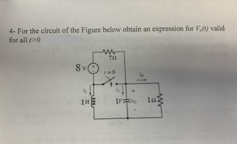 4- For the circuit of the Figure below obtain an expression for Ve(t) valid
nin
for all t>0
72
8 v
iR
ic
1H
1FC
S2000
ele
