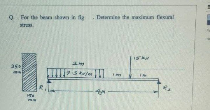 Determine the maximum flexural
Q.. For the beam shown in fig
Fis
stress.
Tin
15 KN
250
7S KN/m
Im
mm
Rz
R.
150
