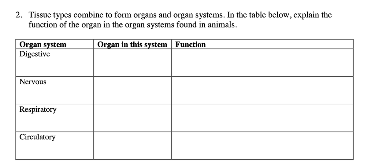 2. Tissue types combine to form organs and organ systems. In the table below, explain the
function of the organ in the organ systems found in animals.
Organ system
Digestive
Organ in this system Function
Nervous
Respiratory
Circulatory
