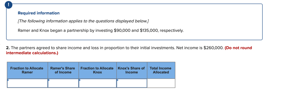 Required information
[The following information applies to the questions displayed below.]
Ramer and Knox began a partnership by investing $90,000 and $135,000, respectively.
2. The partners agreed to share income and loss in proportion to their initial investments. Net income is $260,000. (Do not round
intermediate calculations.)
Fraction to Allocate
Ramer's Share
Fraction to Allocate
Knox's Share of
Total Income
Allocated
Ramer
of Income
Knox
Income
