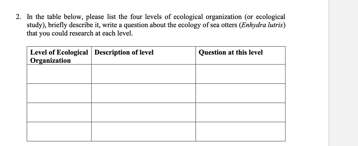 2. In the table below, please list the four levels of ecological organization (or ecological
study), briefly describe it, write a question about the ecology of sea otters (Enhydra lutris)
that you could research at each level.
Question at this level
Level of Ecological Description of level
Organization
