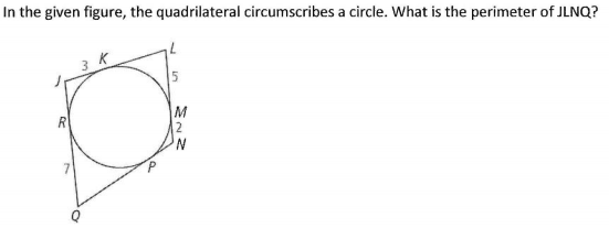 In the given figure, the quadrilateral circumscribes a circle. What is the perimeter of JLNQ?
K
M
2
