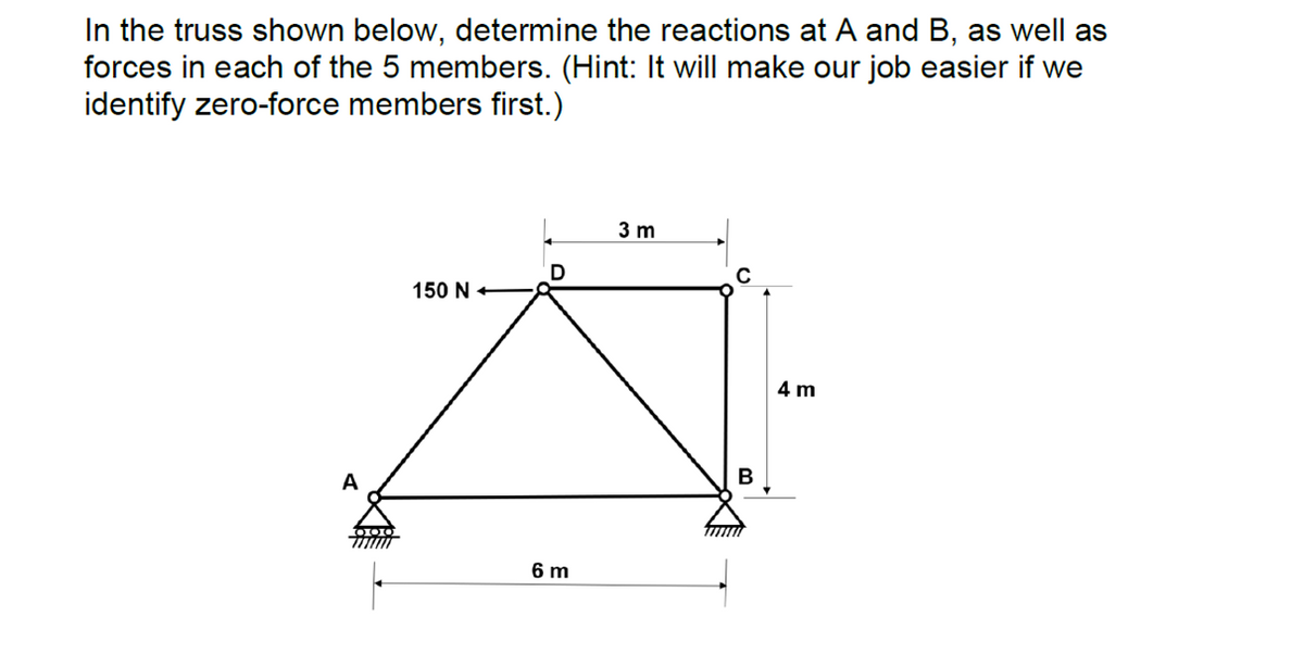 In the truss shown below, determine the reactions at A and B, as well as
forces in each of the 5 members. (Hint: It will make our job easier if we
identify zero-force members first.)
3 m
D
150 N +
4 m
B
6 m
