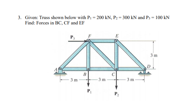 3. Given: Truss shown below with P1 = 200 kN, P2 = 300 kN and P3 = 100 kN
Find: Forces in BC, CF and EF
%3D
F
E
3 m
3 m
3 m
3 m
P1
P2
