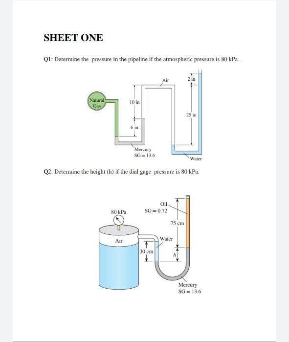 SHEET ONE
Q1: Determine the pressure in the pipeline if the atmospheric pressure is 80 kPa.
Air
2 in
10 in
25 in
Ti
6 in
Mercury
SG= 13.6
Water
Q2: Determine the height (h) if the dial gage pressure is 80 kPa.
Oil
80 kPa
SG=0.72
Air
Natural
Gas
30 cm
75 cm
Water
Mercury
SG = 13.6