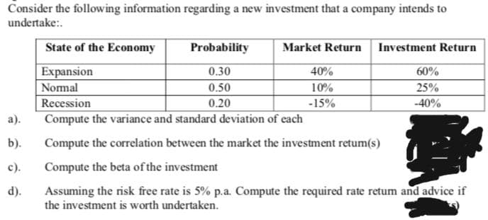 Consider the following information regarding a new investment that a company intends to
undertake:.
State of the Economy
Probability
Market Return
Investment Return
Expansion
0.30
40%
60%
Nomal
0.50
10%
25%
Recession
0.20
-15%
-40%
а).
Compute the variance and standard deviation of each
b).
Compute the correlation between the market the investment retum(s)
c).
Compute the beta of the investment
