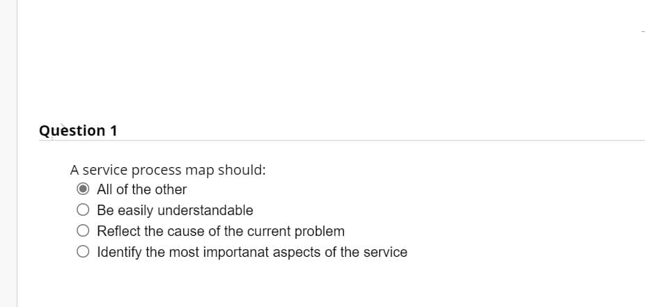 Question 1
A service process map should:
All of the other
O Be easily understandable
O Reflect the cause of the current problem
O Identify the most importanat aspects of the service
