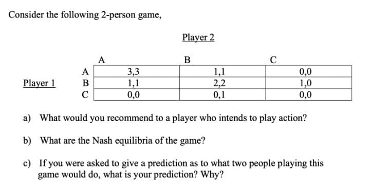 Consider the following 2-person game,
Player 2
A
C
А
3,3
1,1
0,0
1,1
2,2
0,1
0,0
1,0
0,0
Player 1
B
C
a) What would you recommend to a player who intends to play action?
b) What are the Nash equilibria of the game?
c) If you were asked to give a prediction as to what two people playing this
game would do, what is your prediction? Why?
