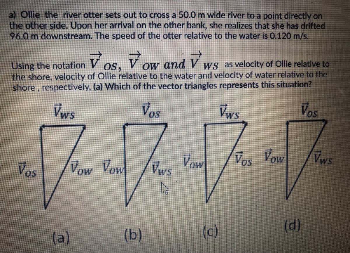 a) Ollie the river otter sets out to cross a 50.0 m wide river to a point directly on
the other side. Upon her arrival on the other bank, she realizes that she has drifted
96.0 m downstream. The speed of the otter relative to the water is 0.120 m/s.
V
and V
WS as velocity of Ollie relative to
Using the notation V
the shore, velocity of Ollie relative to the water and velocity of water relative to the
shore, respectively, (a) Which of the vector triangles represents this situation?
OS,
OW
Vws
Vos
Vws
Vos
Vow
Vws
Vow
Vos
Vws
Vos
Vow Vow
(d)
(a)
(b)
(c)
