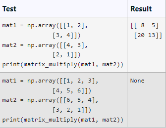 Test
mat1 = np.array([[1, 2],
[3, 4]])
mat2
np.array([[4, 3],
[2, 1]])
print
(matrix_multiply(matl, mat2))
mat1 =
np.array([[1, 2, 3],
[4, 5, 6]])
mat2 = np.array([[6, 5, 4],
[3, 2, 1]])
print(matrix_multiply(mat1, mat2))
Result
[[85]
[20 13]]
None