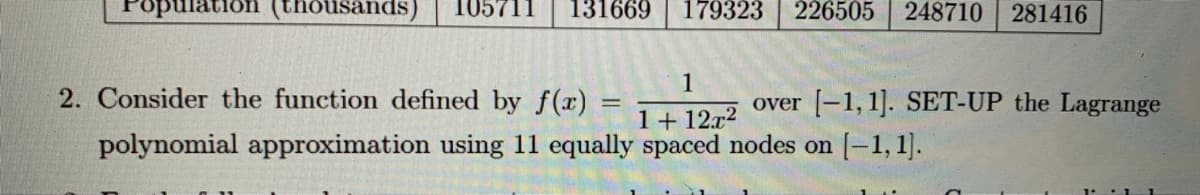 ousands)
105711
131669
179323
226505
248710
281416
1
2. Consider the function defined by f(x)
over [-1, 1]. SET-UP the Lagrange
1+ 12x²
polynomial approximation using 11 equally spaced nodes on [-1, 1].
