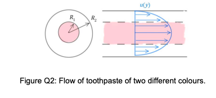 R₁
R₂
u(y)
Figure Q2: Flow of toothpaste of two different colours.