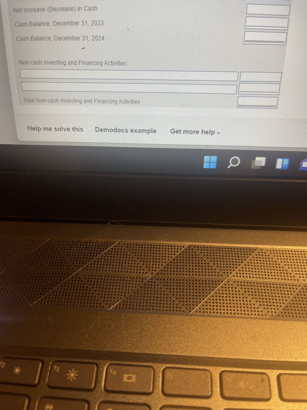 Net Increase (Decrease) in Cash
Cash Balance, December 31, 2023
Cash Balance, December 31, 2024
Non-cash Investing and Financing Activities:
Total Non-cash Investing and Financing Activities
Help me solve this Demodocs example Get more help -
f4
$
101
OL