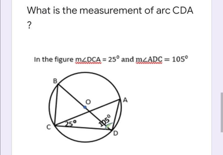 What is the measurement of arc CDA
?
In the figure mZDCA = 25° and m¿ADC = 105°
A
25°
b50
