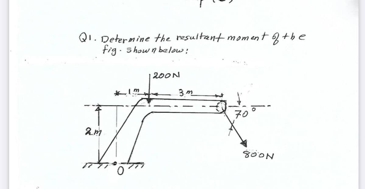QI. Determine the resultant moment +b e
fig. show n below:
200N
3.m
70
