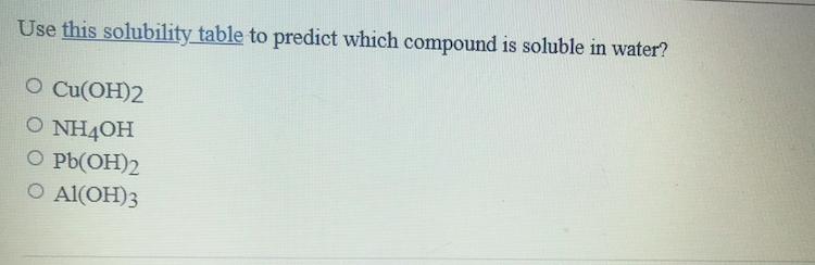 Use this solubility table to predict which compound is soluble in water?
O Cu(OH)2
O NH4OH
O Pb(OH)2
O Al(OH)3
