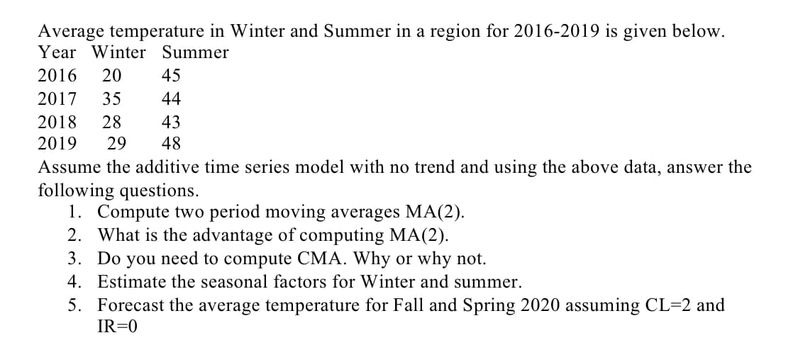 Average temperature in Winter and Summer in a region for 2016-2019 is given below.
Year Winter Summer
2016
20
45
2017
35
44
2018
28
43
2019
29
48
Assume the additive time series model with no trend and using the above data, answer the
following questions.
1. Compute two period moving averages MA(2).
2. What is the advantage of computing MA(2).
3. Do you need to compute CMA. Why or why not.
4. Estimate the seasonal factors for Winter and summer.
5. Forecast the average temperature for Fall and Spring 2020 assuming CL=2 and
IR=0
