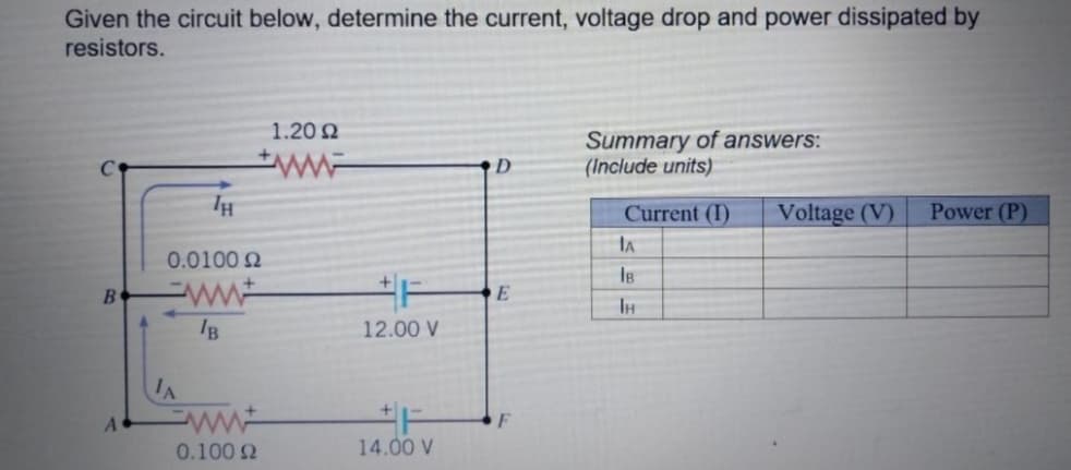 Given the circuit below, determine the current, voltage drop and power dissipated by
resistors.
1.20 2
Summary of answers:
(Include units)
D
Current (I)
Voltage (V)
Power (P)
IA
0.0100 2
B.
IH
/B
12.00 V
IA
0.100 2
14.00 V
