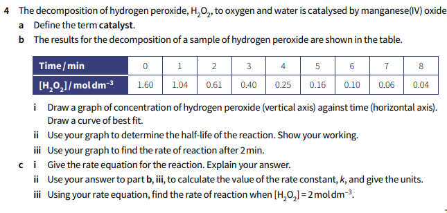 4 The decomposition of hydrogen peroxide, H,O, to oxygen and water is catalysed by manganese(IV) oxide
a Define the term catalyst.
b The results for the decomposition of a sample of hydrogen peroxide are shown in the table.
Time/min
1
2
3
4
6
7
8.
[H,0,1/mol dm3
i Draw a graph of concentration of hydrogen peroxide (vertical axis) against time (horizontal axis).
1.60
1.04
0.61
0.40
0.25
0.16
0.10
0.06
0.04
Draw a curve of best fit.
ii Use your graph to determine the half-life of the reaction. Show your working.
ii Use your graph to find the rate of reaction after 2min.
ci Give the rate equation for the reaction. Explain your answer.
ii Use your answer to part b, i, to calculate the value of the rate constant, k, and give the units.
iii Using your rate equation, find the rate of reaction when [H,0,]=2 moldm-3.
