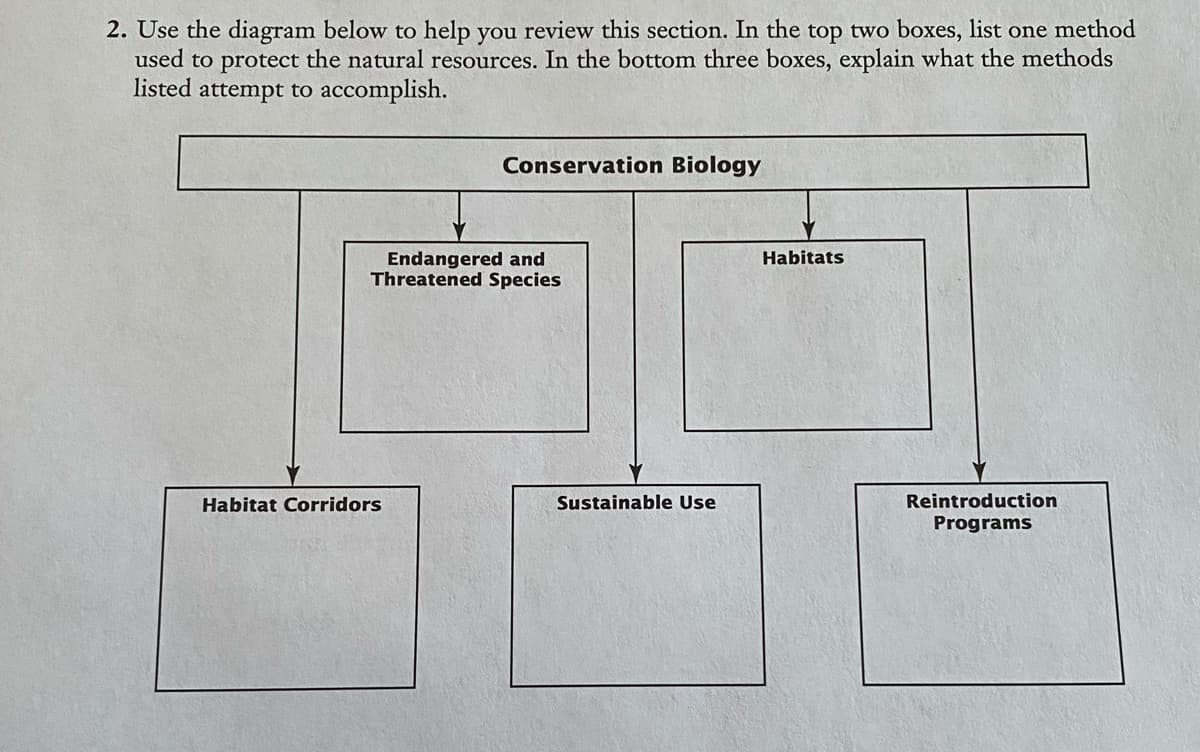2. Use the diagram below to help you review this section. In the top two boxes, list one method
used to protect the natural resources. In the bottom three boxes, explain what the methods
listed attempt to accomplish.
Conservation Biology
Endangered and
Threatened Species
Habitats
Habitat Corridors
Sustainable Use
Reintroduction
Programs
