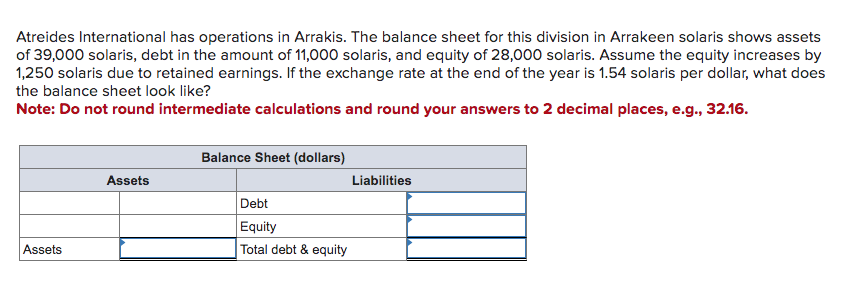 Atreides International has operations in Arrakis. The balance sheet for this division in Arrakeen solaris shows assets
of 39,000 solaris, debt in the amount of 11,000 solaris, and equity of 28,000 solaris. Assume the equity increases by
1,250 solaris due to retained earnings. If the exchange rate at the end of the year is 1.54 solaris per dollar, what does
the balance sheet look like?
Note: Do not round intermediate calculations and round your answers to 2 decimal places, e.g., 32.16.
Assets
Assets
Balance Sheet (dollars)
Debt
Equity
Total debt & equity
Liabilities