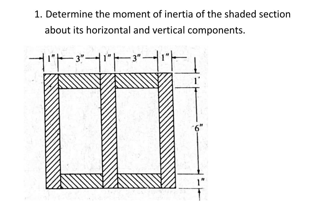 1. Determine the moment of inertia of the shaded section
about its horizontal and vertical components.
3"-
-3"·
-
6"
1"
