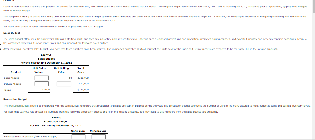 LearnCo manufactures and sells one product, an abacus for classroom use, with two models, the Basic model and the Deluxe model. The company began operations on January 1, 20Y1, and is planning for 20Y2, its second year of operations, by preparing budgets
from its master budget.
The company is trying to decide how many units to manufacture, how much it might spend on direct materials and direct labor, and what their factory overhead expenses might be. In addition, the company is interested in budgeting for selling and administrative
costs, and in creating a budgeted income statement showing a prediction of net income for 2012.
You have been asked to assist the controller of LearnCo in preparing the 20Y2 budgets.
Sales Budget
The sales budget often uses the prior year's sales as a starting point, and then sales quantities are revised for various factors such as planned advertising and promotion, projected pricing changes, and expected industry and general economic conditions. Learn Co
has completed reviewing its prior year's sales and has prepared the following sales budget.
After reviewing LearnCo's sales budget, you note that three numbers have been omitted. The company's controller has told you that the units sold for the Basic and Deluxe models are expected to be the same. Fill in the missing amounts.
Learn Co
Sales Budget
For the Year Ending December 31, 20Y2
Unit Sales
Volume
Product
Basic Abacus
Deluxe Abacus
Totals
Production Budget
72,000
Unit Selling
Price
$8
Total
Sales
Expected units to be sold (from Sales Budget)
$288,000
432,000
$720,000
The production budget should be integrated with the sales budget to ensure that production and sales are kept in balance during the year. The production budget estimates the number of units to be manufactured to meet budgeted sales and desired inventory levels.
You note that LearnCo has omitted six numbers from the following production budget and fill in the missing amounts. You may need to use numbers from the sales budget you prepared.
LearnCo
Production Budget
For the Year Ending December 31, 20Y2
Units Basic Units Deluxe