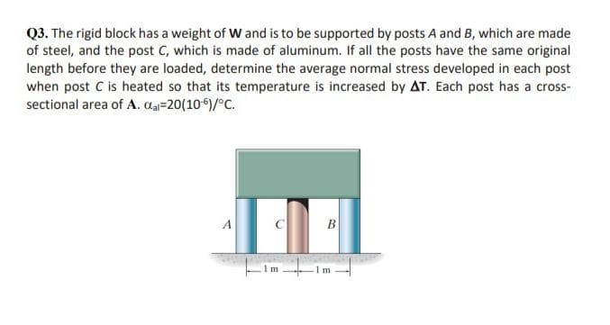 Q3. The rigid block has a weight of W and is to be supported by posts A and B, which are made
of steel, and the post C, which is made of aluminum. If all the posts have the same original
length before they are loaded, determine the average normal stress developed in each post
when post C is heated so that its temperature is increased by AT. Each post has a cross-
sectional area of A. aa=20(105)/°C.
A
C
В
m
