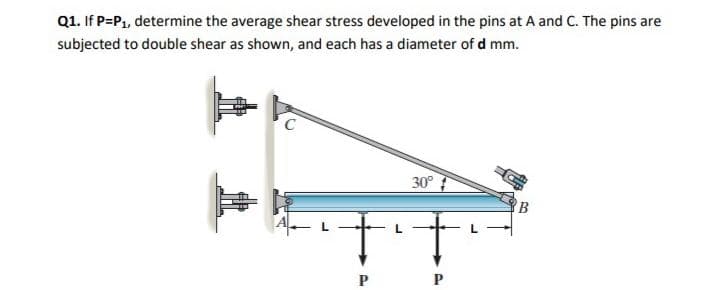 Q1. If P=P1, determine the average shear stress developed in the pins at A and C. The pins are
subjected to double shear as shown, and each has a diameter of d mm.
30° ?
B
it

