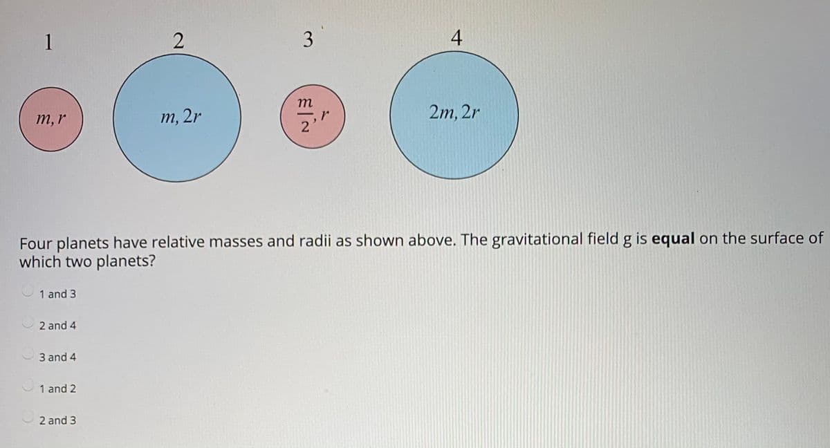 1
3
4
m
т, 2r
2m, 2r
т,r
Four planets have relative masses and radii as shown above. The gravitational field g is equal on the surface of
which two planets?
1 and 3
2 and 4
3 and 4
1 and 2
2 and 3
