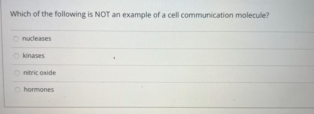Which of the following is NOT an example of a cell communication molecule?
nucleases
kinases
nitric oxide
hormones