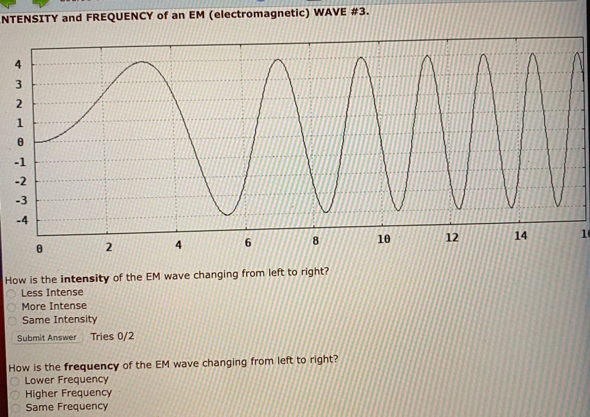 ENTENSITY and FREQUENCY of an EM (electromagnetic) WAVE #3.
4
1
-1
-2
-3
-4
10
12
14
16
4
6.
8
How is the intensity of the EM wave changing from left to right?
Less Intense
More Intense
Same Intensity
Submit Answer
Tries 0/2
How is the frequency of the EM wave changing from left to right?
Lower Frequency
Higher Frequency
Same Frequency
