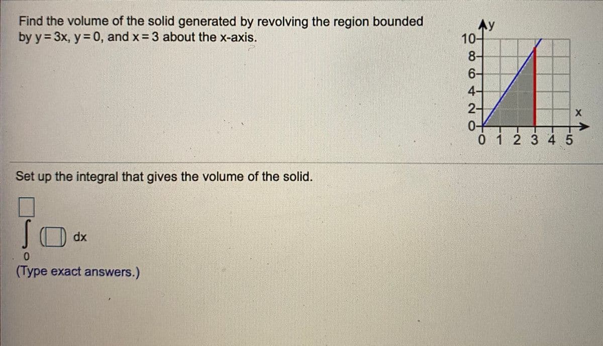 Find the volume of the solid generated by revolving the region bounded
by y= 3x, y= 0, and x= 3 about the x-axis.
Ay
10-
8-
6-
4-
2-
->
01 2 3 45
Set up the integral that gives the volume of the solid.
dx
0.
(Type exact answers.)
