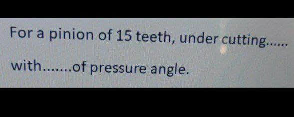 For a pinion of 15 teeth, under cutting...
with...of pressure angle.
