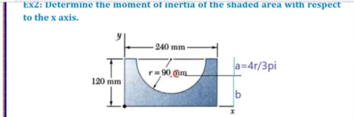 ExZ: Determine the moment of inertia of the shaded area with respect
to the x axis.
- 240 mm -
a=4r/3pi
r= 90.@m
120 mm
