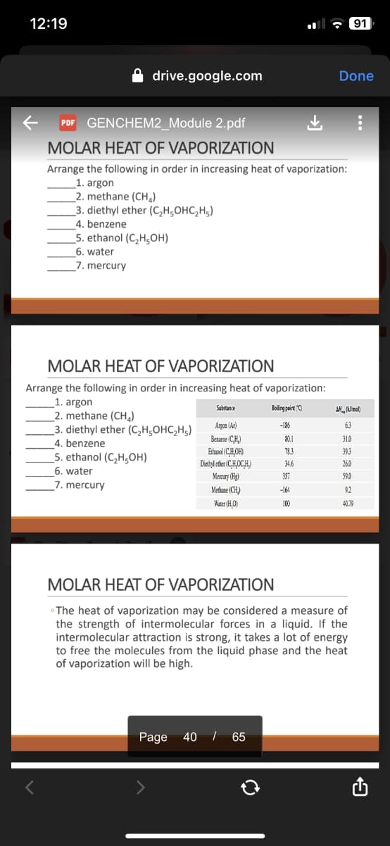 12:19
r
drive.google.com
MOLAR HEAT OF VAPORIZATION
Arrange the following in order in increasing heat of vaporization:
1. argon
Boiling point "C
2. methane (CH₂)
3. diethyl ether (C₂H5OHC₂H5)
PDF GENCHEM2_Module 2.pdf
MOLAR HEAT OF VAPORIZATION
Arrange the following in order in increasing heat of vaporization:
1. argon
2. methane (CH₂)
3. diethyl ether (C₂H5OHC₂H₂)
4. benzene
5. ethanol (C₂H5OH)
6. water
7. mercury
4. benzene
5. ethanol (C₂H5OH)
6. water
7. mercury
Substance
Argon (Ar)
Benzene (CH)
Ethanol (CH,OH)
Diethyl ether (C,H,OCH.)
Mercury (Hg)
Methane (CH)
Water (HO)
-185
Page 40 65
80.1
78.3
34.6
357
-164
100
Done
91
MOLAR HEAT OF VAPORIZATION
The heat of vaporization may be considered a measure of
the strength of intermolecular forces in a liquid. If the
intermolecular attraction is strong, it takes a lot of energy
to free the molecules from the liquid phase and the heat
of vaporization will be high.
:
AH, (klimat)
6.3
31.0
39.3
26.0
59.0
9.2
40.79