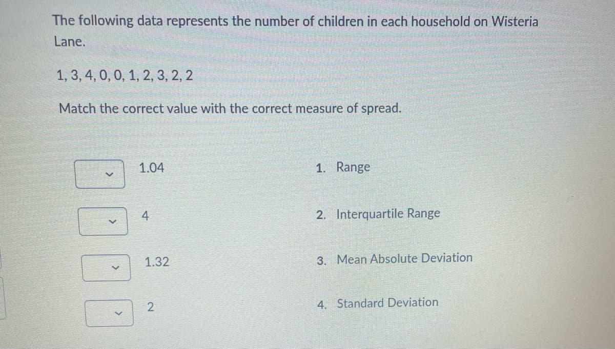 The following data represents the number of children in each household on Wisteria
Lane.
1, 3, 4, 0, 0, 1, 2, 3, 2, 2
Match the correct value with the correct measure of spread.
1.04
1. Range
4
2. Interquartile Range
1.32
3. Mean Absolute Deviation
4. Standard Deviation
