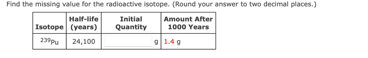 Find the missing value for the radioactive isotope. (Round your answer to two decimal places.)
Half-life
Initial
Amount After
Isotope (years)
Quantity
1000 Years
239pu
24,100
g| 1.4 g
