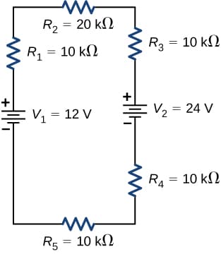 R, = 20 k2
R, = 10 k2
R3 = 10 kN
V1 = 12 V
V2 = 24 V
R. = 10 kN
R5 = 10 kN
%D
